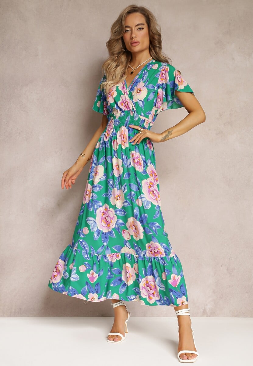 Granatowa Rozkloszowana Sukienka Maxi z Gumkami w Talii i Falbankami Tayte