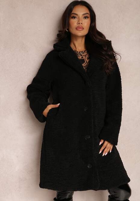 Czarny Płaszcz Futrzany Teddy Karli
