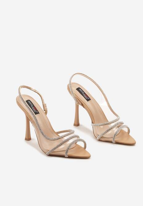 Beżowe Transparentne Sandały na Cienkiej Szpilce Ozdobione Cyrkoniami Glarra