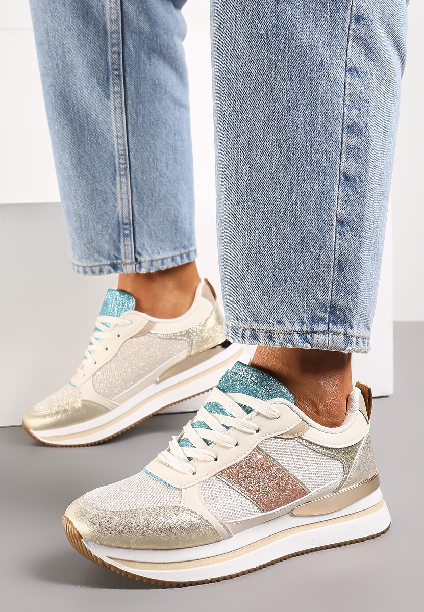 Złote Sneakersy Ozdobione Brokatem i Kolorowymi Wstawkami Veradis