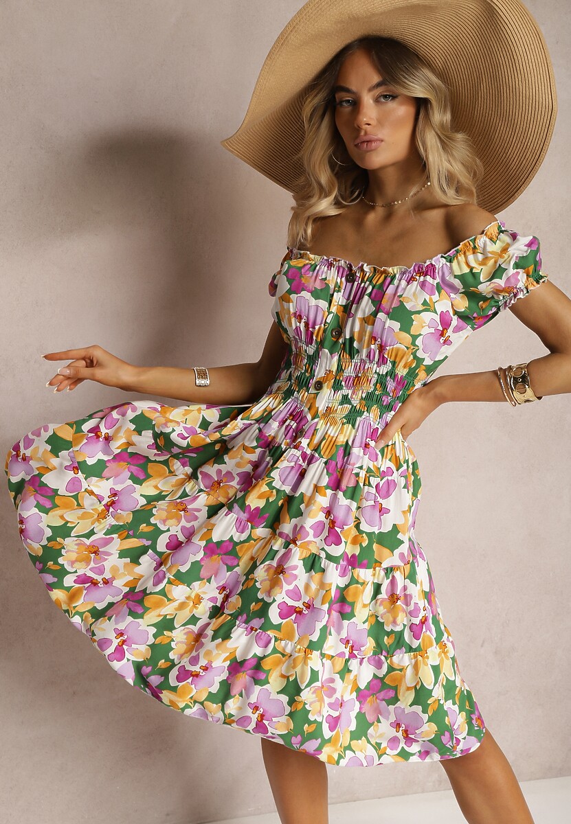 Niebiesko-Różowa Taliowana Sukienka z Bawełny Wykończona Gumką w Talii i Guzikami Nelianne