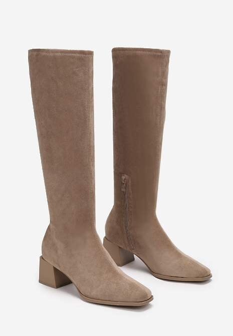 Ciemnobeżowe Kozaki na Słupku z Imitacji Zamszu Haziela