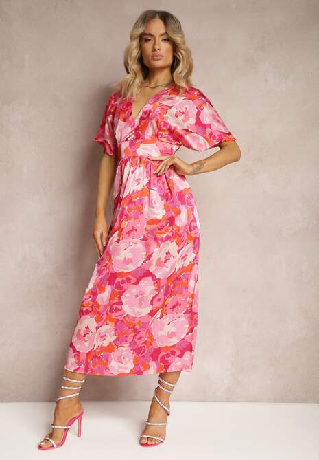 Różowa Satynowa Sukienka z Kopertową Górą Luźnymi Rękawami i Rozkloszowanym Krojem Karlemia