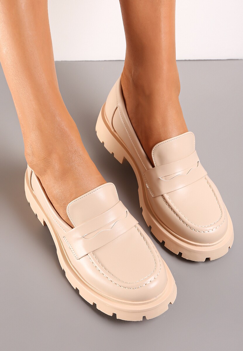 Beżowe Mokasyny z Ozdobnym Paskiem na Grubej Podeszwie Mauryla