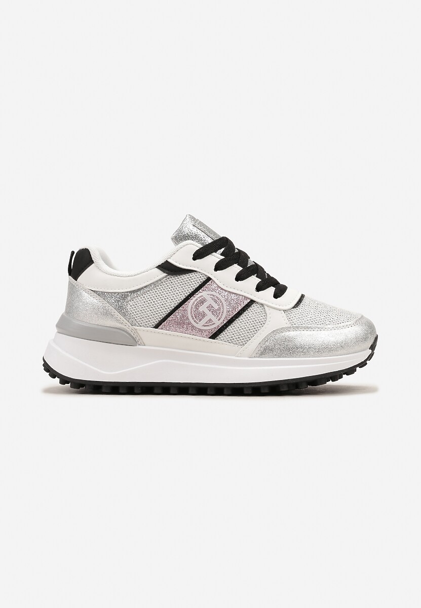 Srebrne Sznurowane Sneakersy z Brokatem i Siateczką na Grubej Podeszwie Leviria