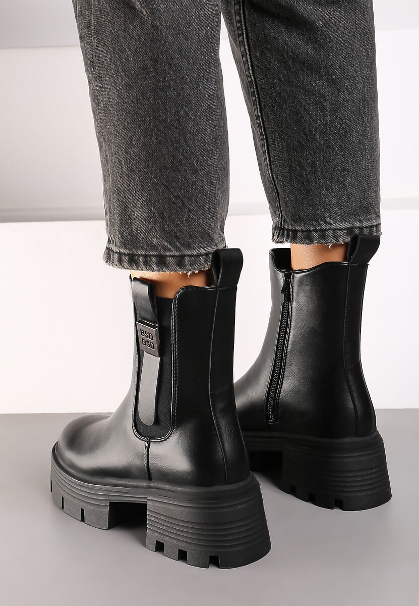 Czarne Botki Sztyblety na Platformie i Słupku Wykończone Elastyczną Gumką Zaliefra