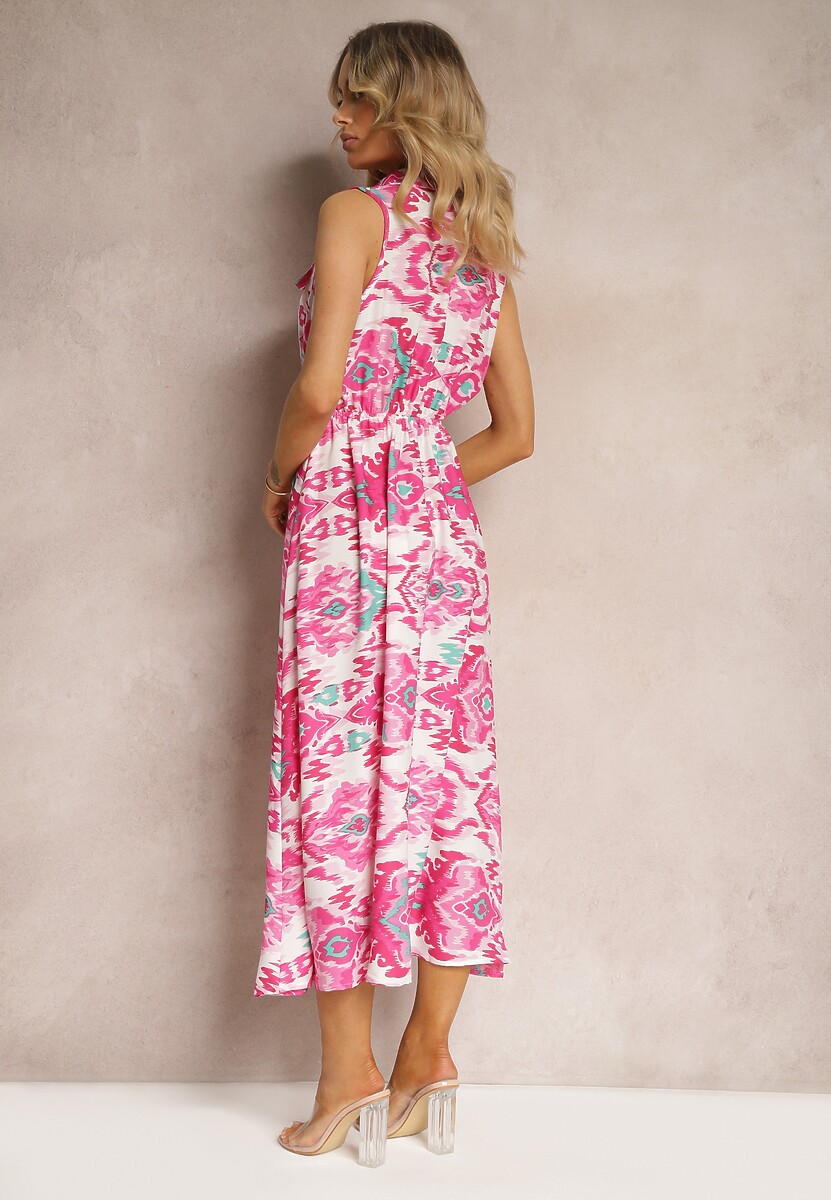Różowa Rozkloszowana Sukienka z Ozdobnymi Naszyciami na Dekolcie w Abstrakcyjni Print Flubia