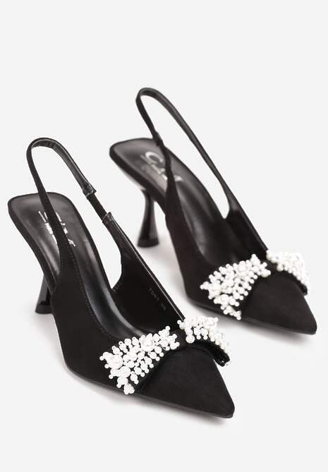 Czarne Sandały na Szpilce ze Szpiczastym Noskiem i Perłami Capitolina