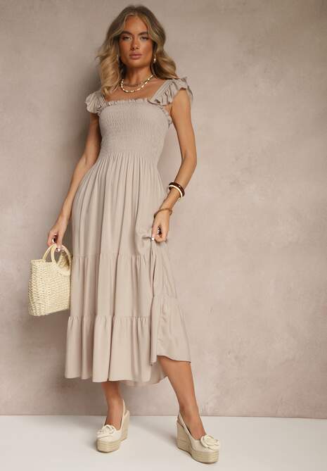 Beżowa Sukienka z Bawełny na Ramiączkach Ozdobiona Falbanami i Gumkami Mevalys