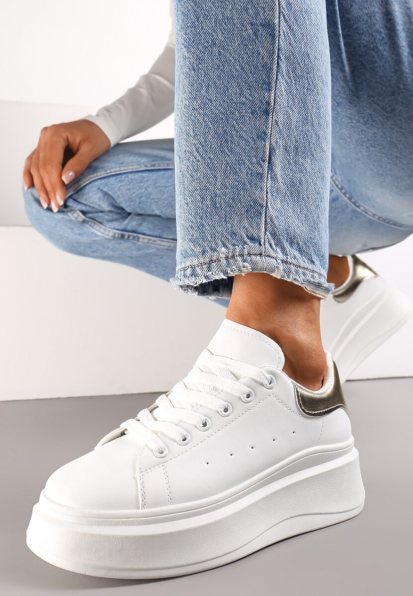 Biało-Złote Sznurowane Sneakersy na Platformie z Aplikacją przy Sznurówkach Khirlie