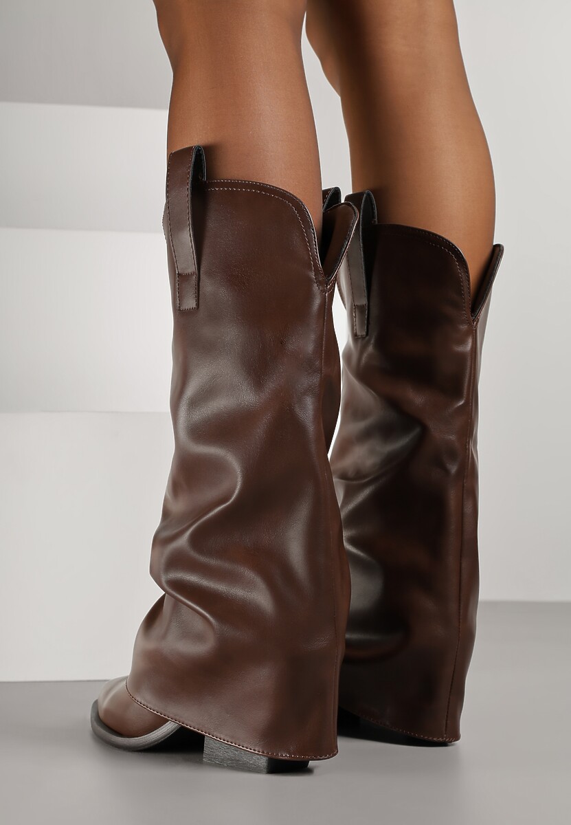 Ciemnobrązowe Kozaki Kowbojki na Stożku z Wywiniętą Marszczoną Cholewką Escana