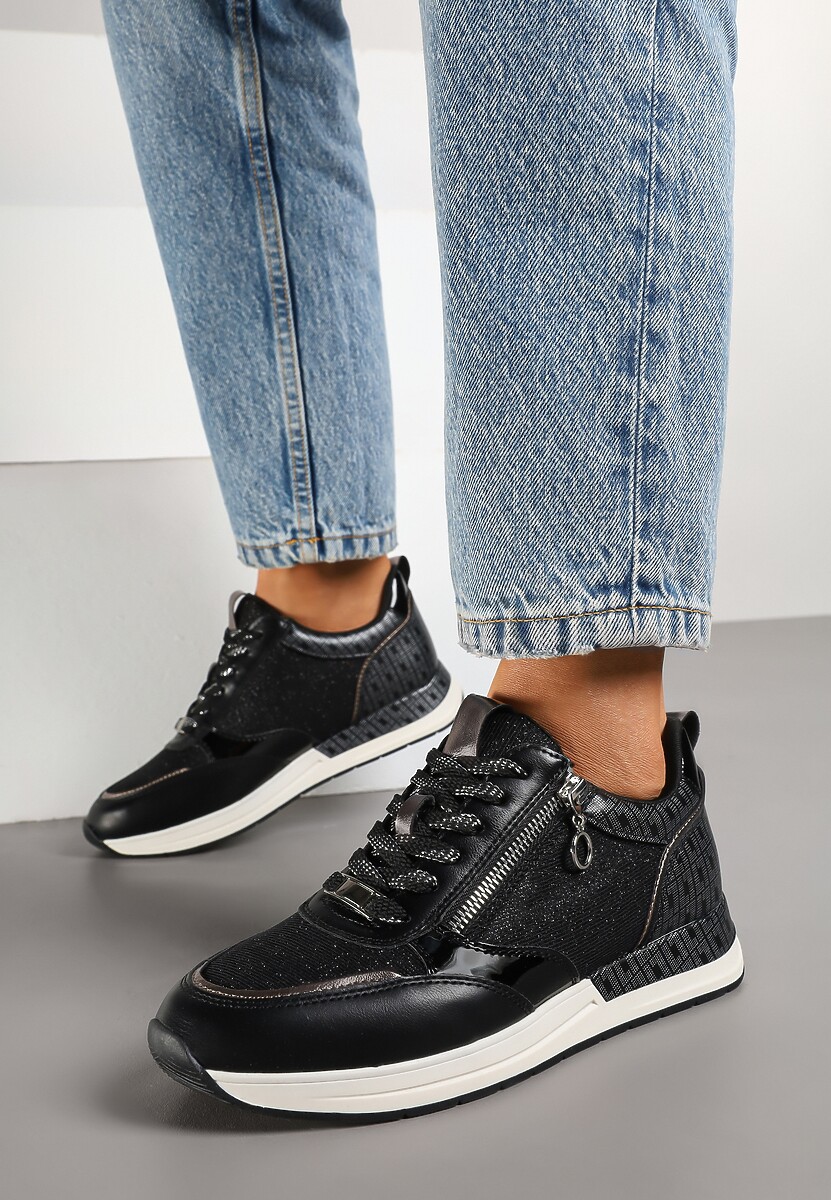 Czarne Sneakersy z Wkładką ze Skóry Naturalnej Zdobione Suwakiem Fihanor