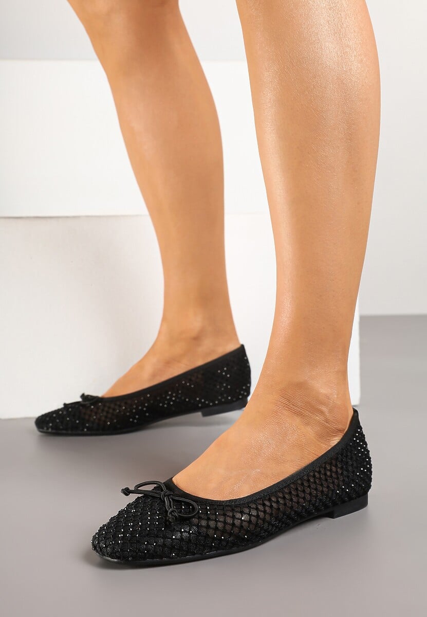 Beżowe Siateczkowe Balerinki z Delikatnymi Cyrkoniami i Kokardką Senirithra