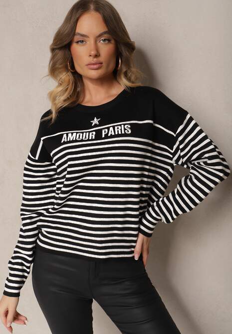 Czarny Sweter z Bawełną Ozdobiony Haftowanym Napisem i Paskami Zeanika