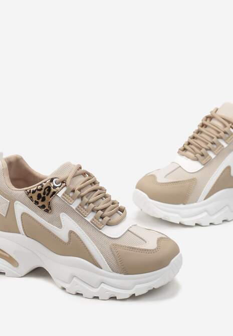 Ciemnobeżowe Sneakersy Na Grubej Podeszwie z Przeszyciami i Sznurwaniem  Marinil