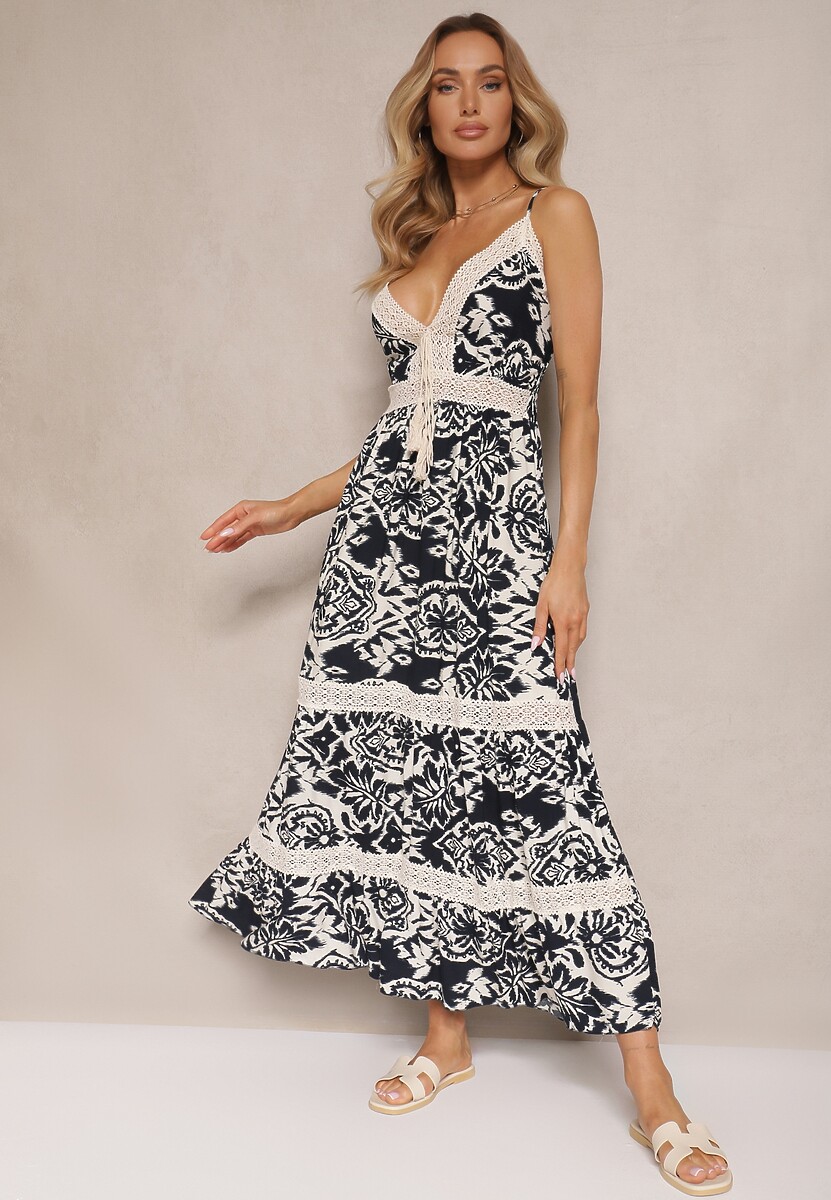 Granatowa Sukienka z Bawełny o Rozkloszowanym Kroju w Etniczny Print Taliraya