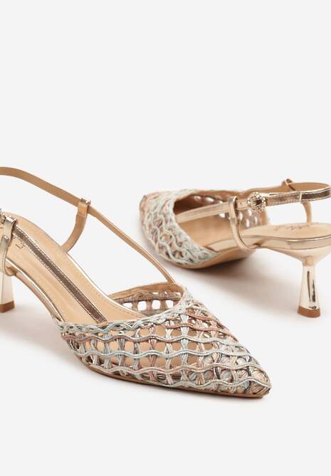Beżowo-Złote Sandały na Kaczuszce Slingback z Plecionką Clevassa