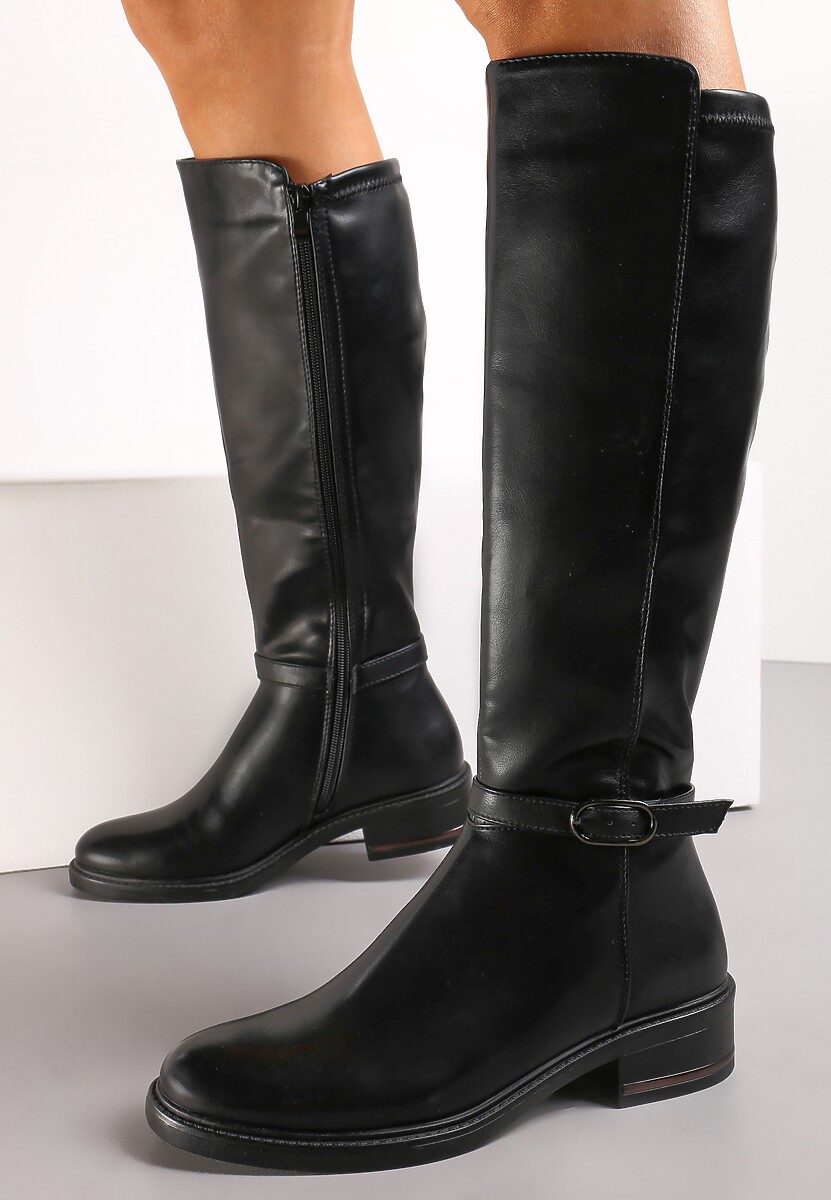 Czarne Kozaki na Płaskim Obcasie Muszkieterki z Klamrą Callela