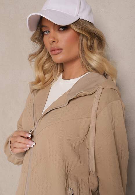 Ciemnobeżowy Komplet Dresowy Zdobiony Tłoczeniem Bluza z Kapturem i Joggery Tuseira