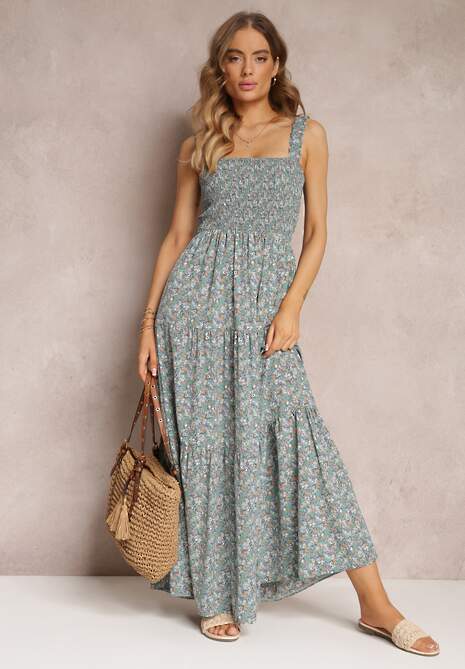 Jasnoniebieska Rozkloszowana Sukienka w Kwiaty na Ramiączkach Malaisia