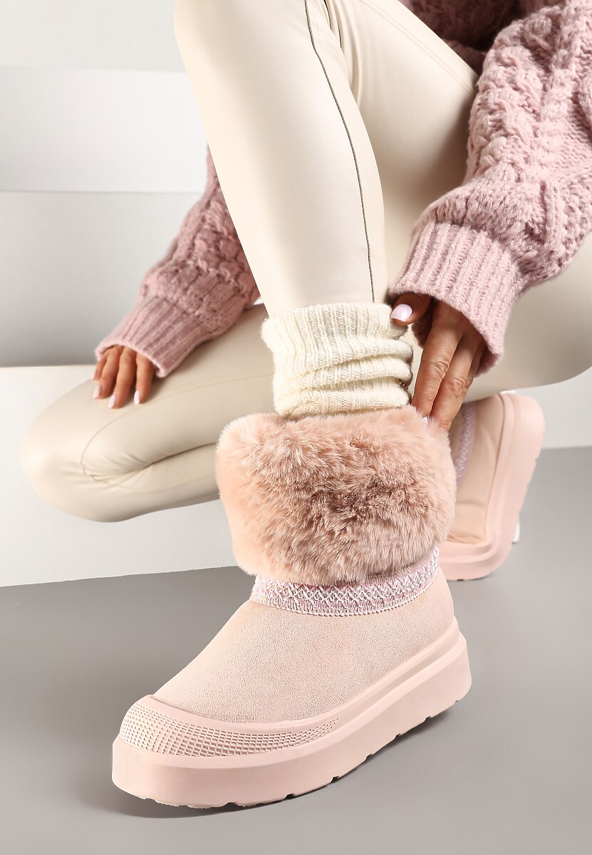 Brązowe Śniegowce na Płaskiej Podeszwie Ozdobione Futerkiem Haftem i Wzorem w Panterkę Lannetea