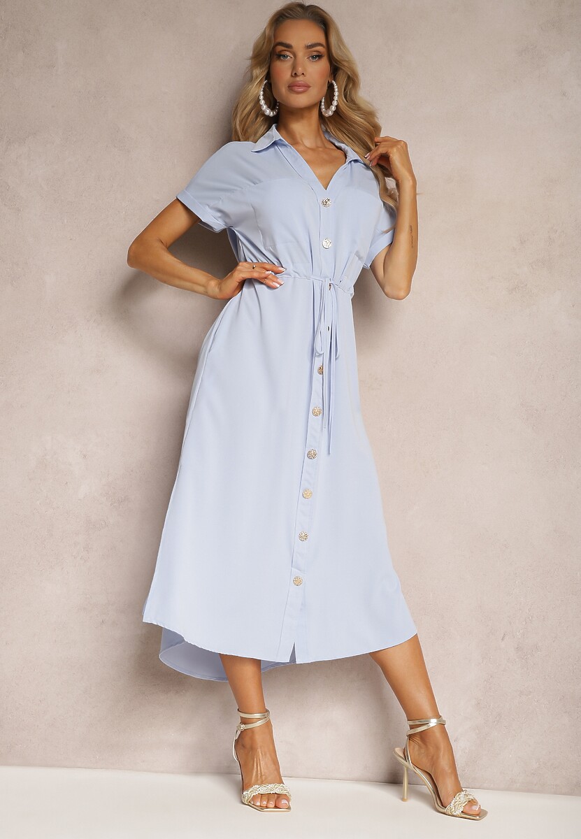 Biała Sukienka Koszulowa z Materiałowym Paskiem Zapinana na Guziki Quintia