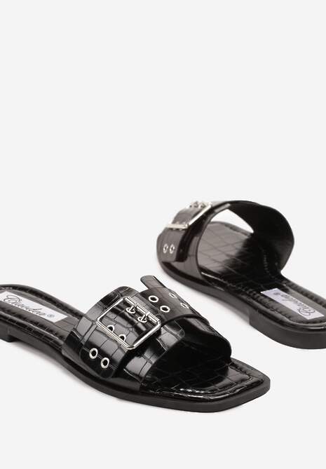 Czarne Klapki z Nitami Paskiem i Klamrą Novolise