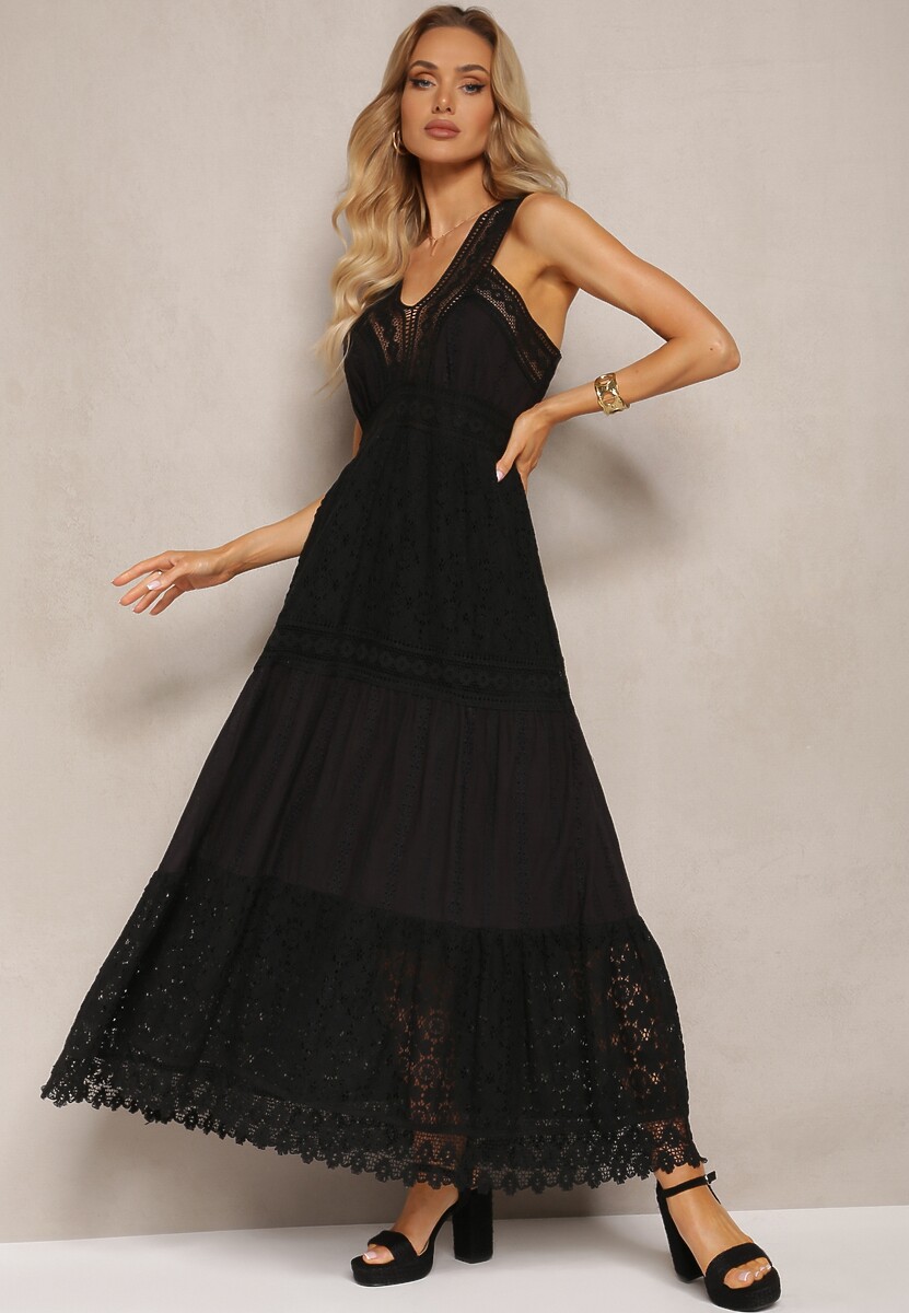 Beżowa Rozkloszowana Sukienka z Koronki z Trójkątnym Dekoltem i Falbanką Piolena