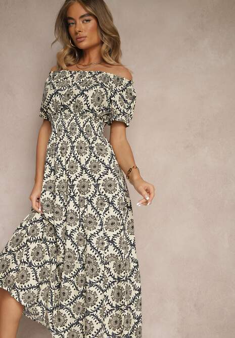 Beżowa Sukienka z Bawełną Ozdobiona Bufiastymi Rękawami Revalle