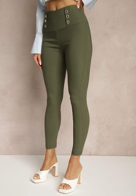 Ciemnozielone Legginsy High Waist z Ozdobnymi Guzikami Kolowenia