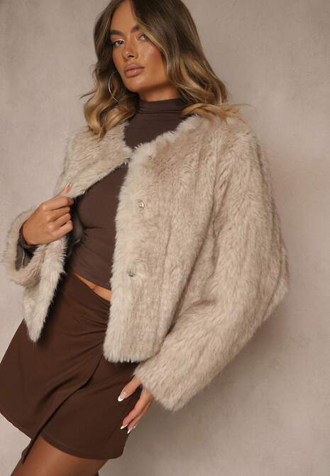 Beżowa Kurtka Futerko o Prostym Fasonie z Okrągłym Dekoltem Iddane