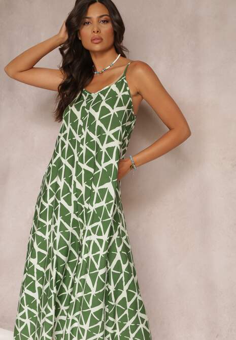 Zielony Wiskozowy Kombinezon w Geometryczne Wzory na Ramiączkach Evera