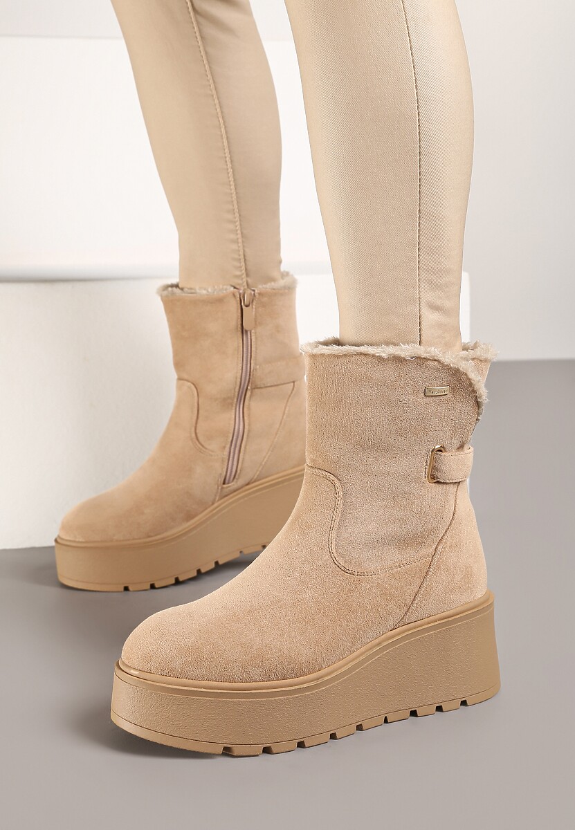 Ciemnobeżowe Botki Ocieplone Futerkiem na Platformie Zinrella