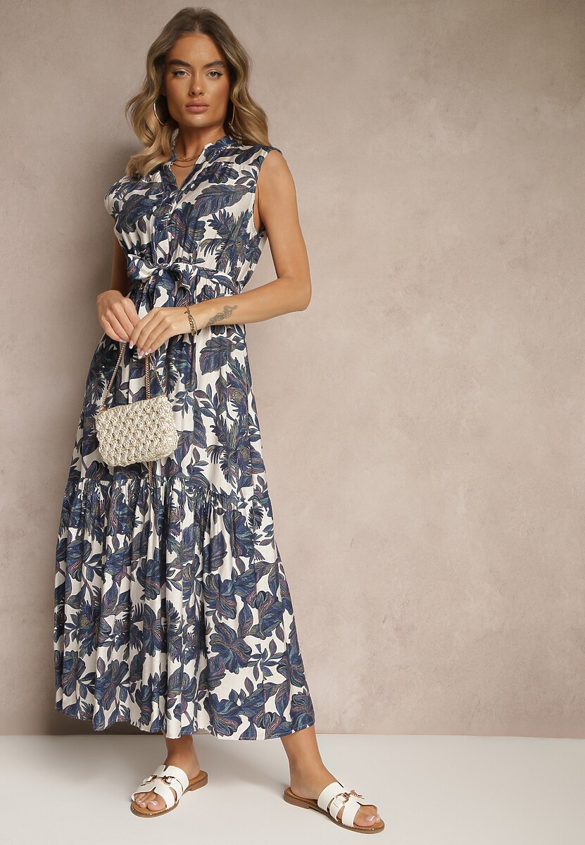 Niebieska Wiskozowa Sukienka o Rozkloszowanym Kroju Bez Rękawów z Wiązaniem Revalisse