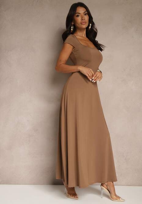 Brązowa Rozkloszowana Sukienka z Wiskozą z Kwadratowym Dekoltem Nalorina