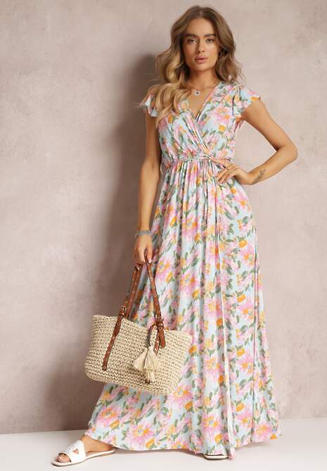 Jasnoniebieska Sukienka Kopertowa z Gumką w Pasie w Kwiaty Toma