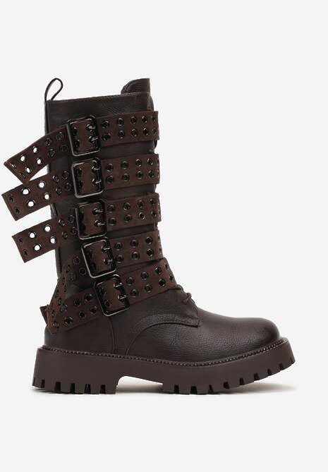 Brązowe Botki Bikery Ozdobione Paskami z Klamrami i Oczkami Kaletniczymi Niriel