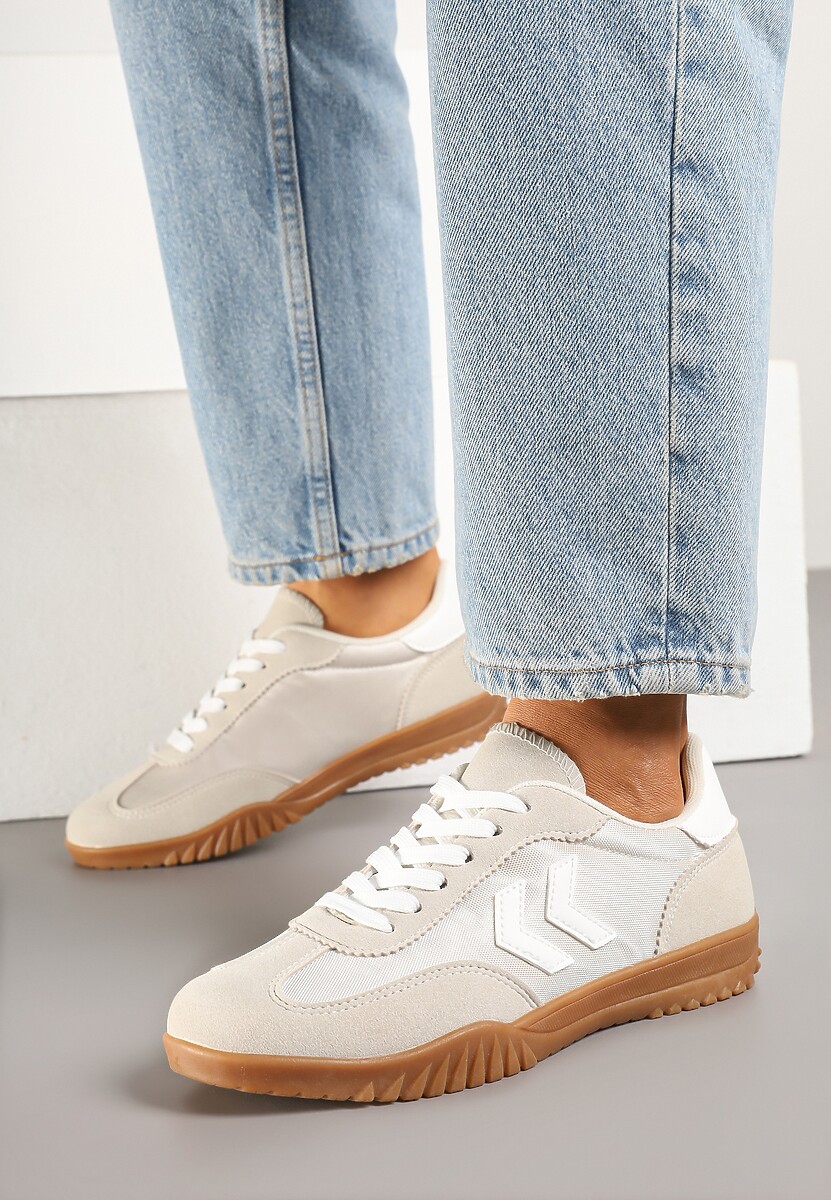 Beżowe Sneakersy Typu Kultowe Tenisówki Zdobione Przeszyciami Naporae