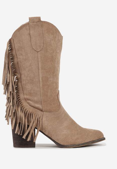 Beżowe Botki Kowbojki na Stożku z Frędzlami przy Cholewce Reinia
