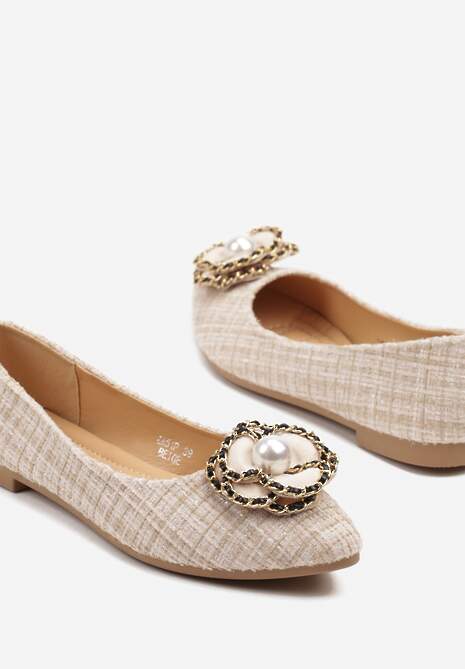 Beżowe Balerinki Tweedowe Ozdobione Perełkami Ulioriela