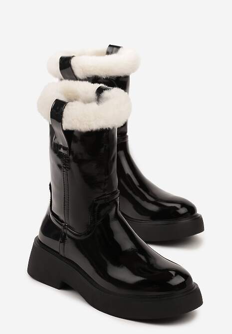 Czarne Lakierowane Botki z Futerkiem na Krawędzi Cholewki Sialaris