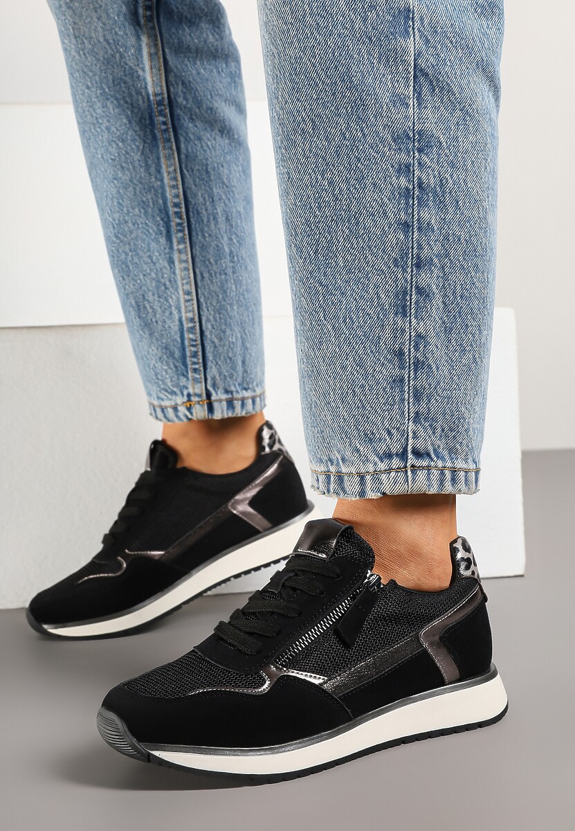 Czarne Sneakersy Ozdobione Suwakiem i Metalicznymi Wstawkami Alua