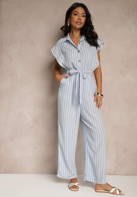 Niebieski Koszulowy Kombinezon z Bawełny z Wiązanym Paskiem Amevilia