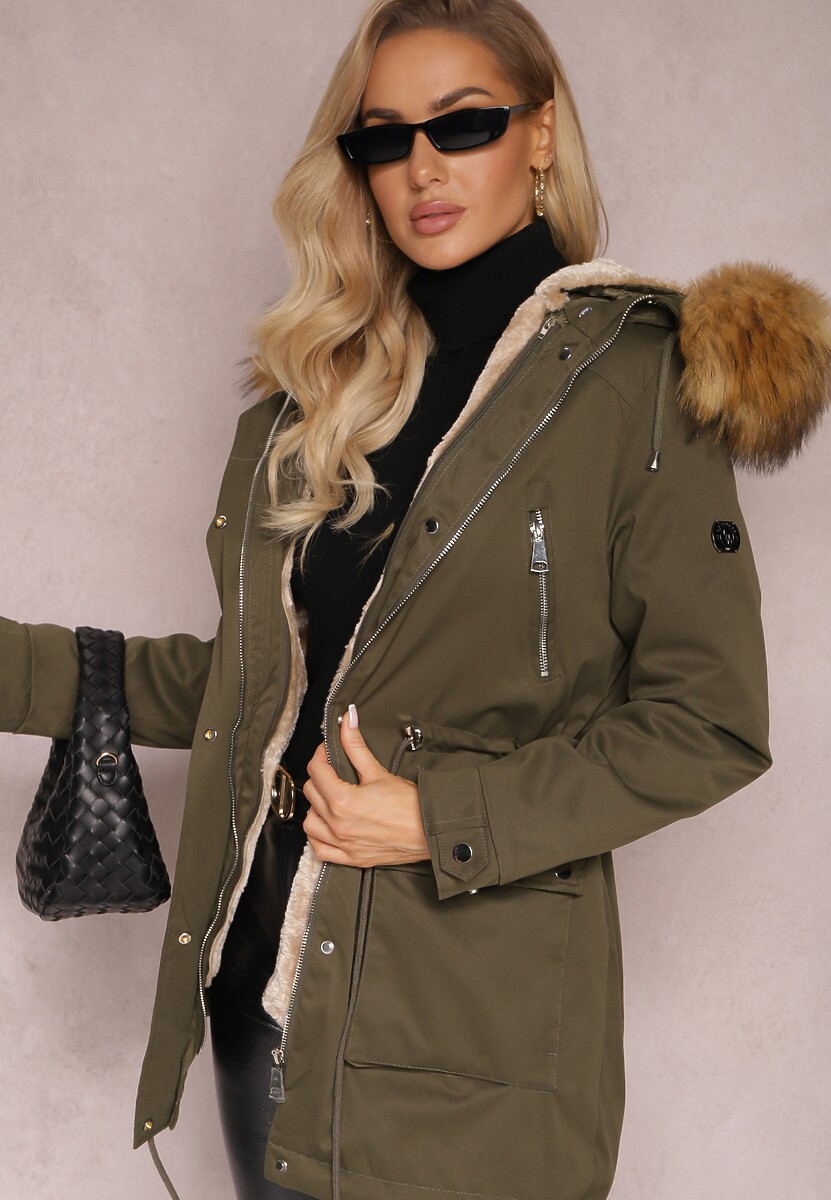 Ciemnozielona Kurtka Parka z Kieszeniami i Kapturem z Futerkiem Caulisa