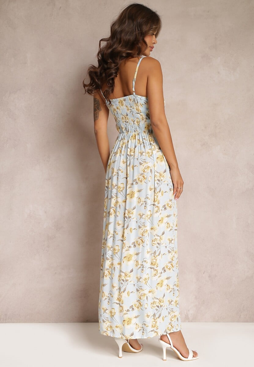 Jasnoniebieska Sukienka Maxi z Regulowanymi Ramiączkami i Kwadratowym Dekoltem Calapi
