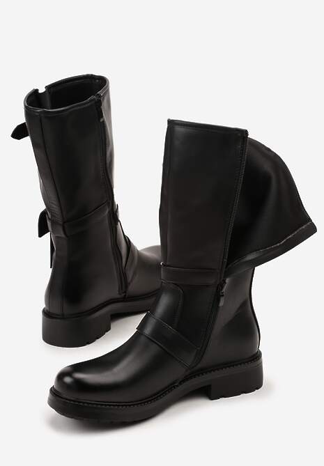 Czarne Botki Biker Boots Zdobione Klamerkami i Kieszonką Nalinnea