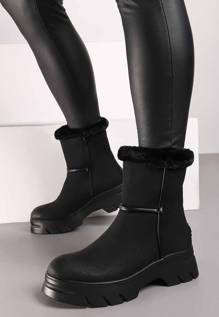 Czarne Śniegowce na Niskiej Platformie z Ozdobnym Futerkiem Revianna