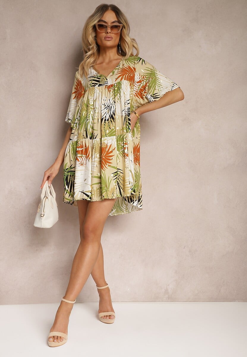 Biało-Pomarańczowa Sukienka o Rozkloszowanym Kroju z Falbanką i Trójkątnym Dekoltem Tiamaya