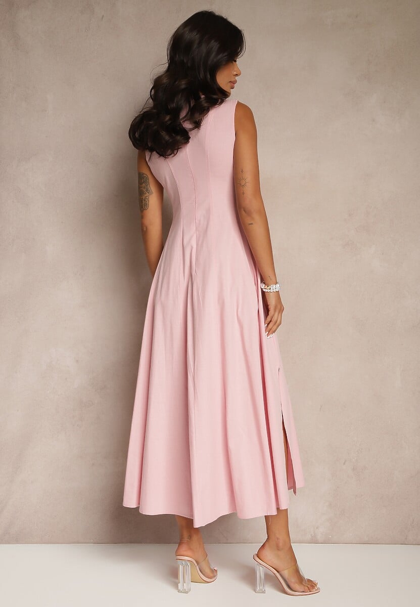 Różowa Sukienka Rozkloszowana z Wiskozą Bawełną i Rozcięciem na Nogę Saravisse