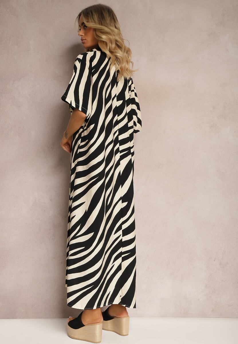 Czarno-Biała Sukienka Koszulowa z Rękawami Typu Nietoperz i Guzikami Cesolla